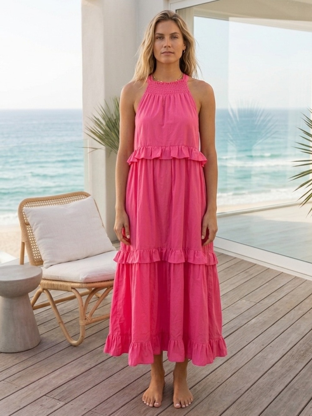 Sweet Lovely by Jen Pink Tiered Ruffle Halter Maxi Dress Cotton Boho Coastal S